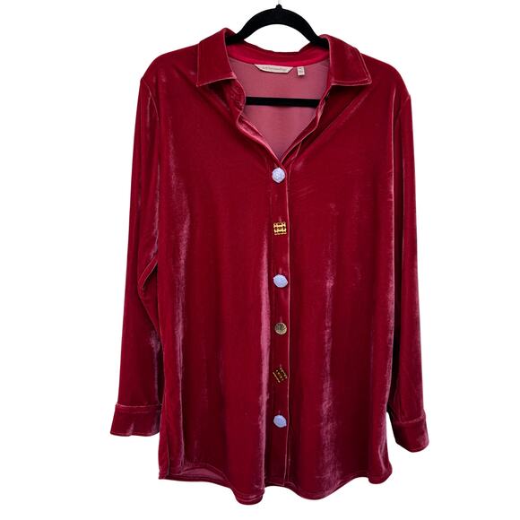 NWOT Soft Surroundings Red Velvet Button-Up Shirt Mixed Buttons Long Sleeve M - Picture 2 of 11